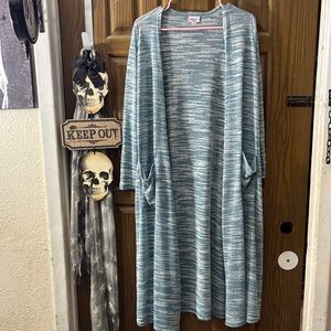 LuLaRoe Blue and White Semi Sheer Long Open Cardigan